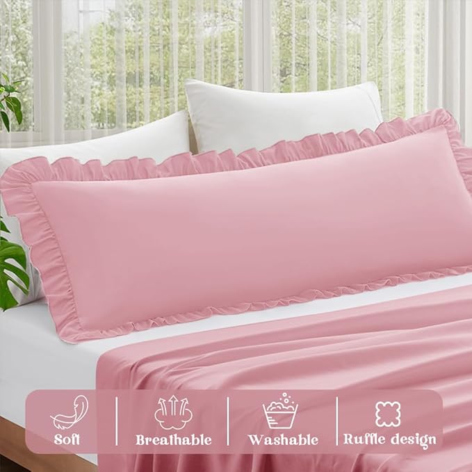 KKJIAF Ruffle Body Pillow Cases Set of 1, Ruffled Pillow Covers with Envelope Closure, Body Pillowcases Size of 20" x 54", Ruffled Long Pillow Shams, Light Pink