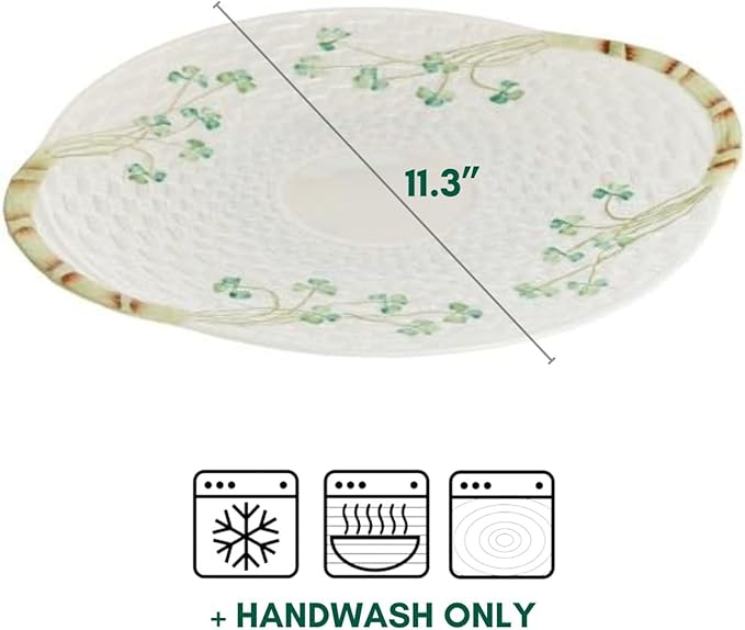 Belleek Classic Shamrock 11" Bread Plate - Handmade Porcelain Ceramic Serving Platter with Handles - White Decorative Serving Tray - Oven Safe Serving Dish, Tray for Kitchen Counter