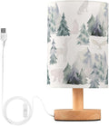 Table Lamp Watercolor Winter Forest Tree Animal Mountain Bear Deer Owl Nightstand Lamp with Wood Base Fabric Lamp Shade Bedside Desk Lamp for Living Room Bedroom Kids Room Office