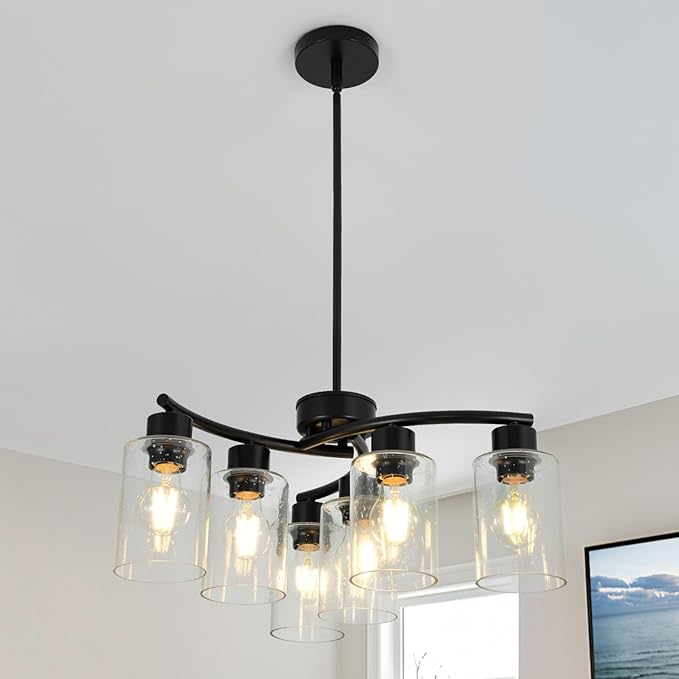 6-Light Modern Chandelier Black Chandeliers for Dining Room Seeded Glass Pendant Lights for Kitchen Island Living Room Foyer Bedroom E26 Base