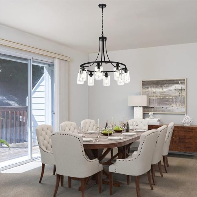 MELUCEE Black Chandelier 8 Lights, Kitchen Island Lighting Industrial Chandelier with Clear Glass Shade, Farmhouse Pendant Light for Dining Room Living Room Bedroom