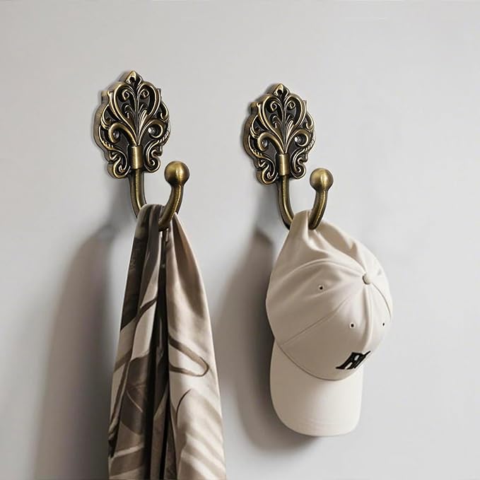 Solid Brass Wall Hooks 2 Pack – Heavy-Duty Decorative Coat Hooks with Antique Floral Design, Rustproof Hangers for Bathroom, Entryway, Bedroom, Closet