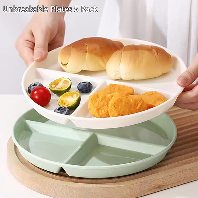 (5 Pack) Portion Control Plate for Balanced Eating, 9" Unbreakable Divided Plates,3 Compartment Plates, Reusable Plastic Plates, BPA Free for Adults