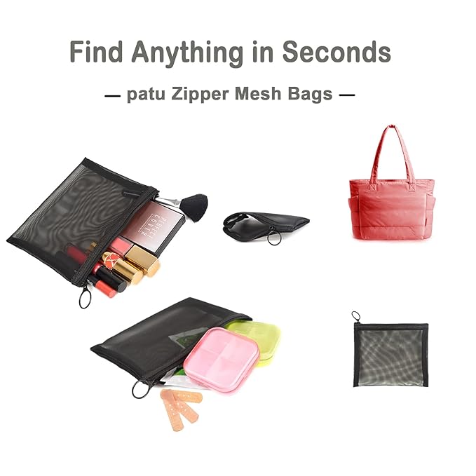 Patu Zipper Mesh Bags, Size M / A6, 5 Pieces, Beauty Makeup Cosmetic Accessories Organizer, Travel Toiletry Kit Set Storage Pouch, Black