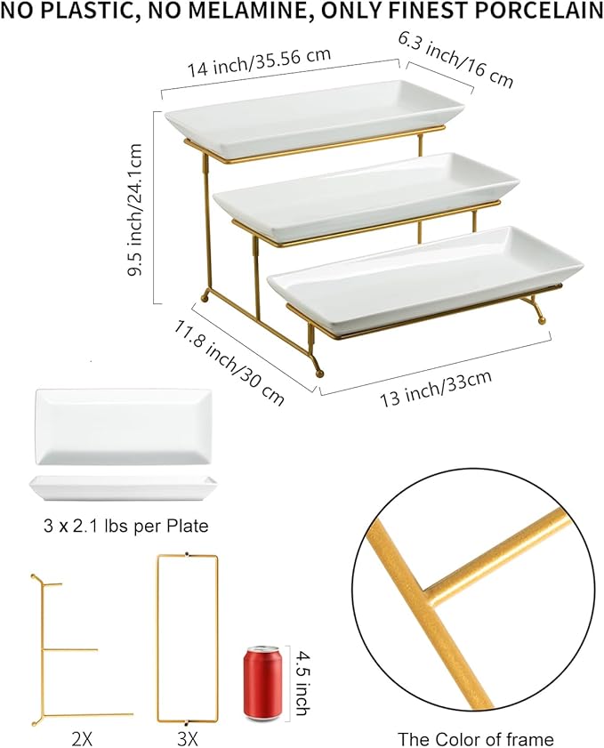 LAUCHUH Large 3 Tier Serving Stand Tiered Serving Trays Collapsible Sturdier Rack with 3 Porcelain Serving Platters for Fruit Dessert Presentation Thanksgiving Christmas Party Display Set, 14 Inch