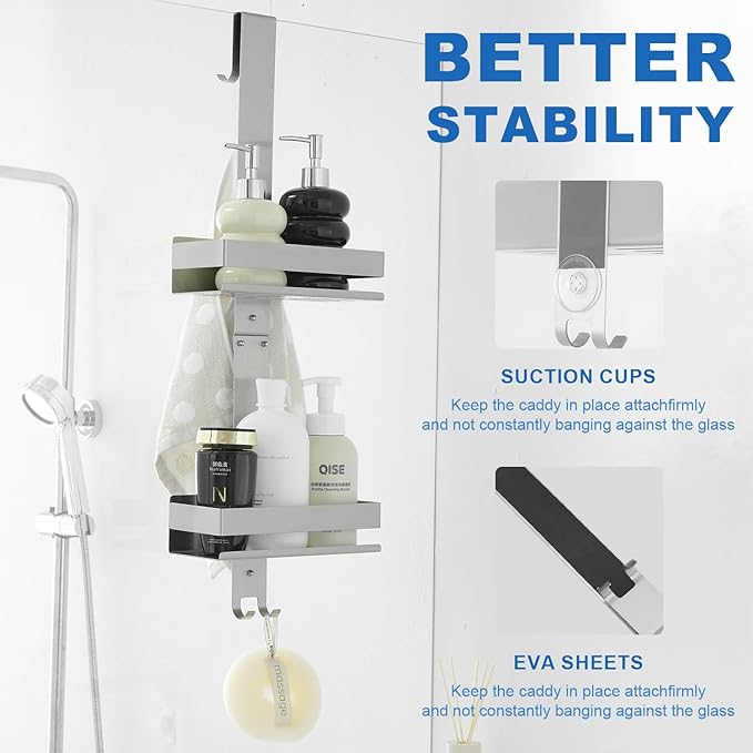 2-Tier Shower Caddy Over Shower Door - Shower Caddy Hanging Rack Organizer No Drilling, Brushed Nickel Stainless Steel Shower Shelf for Bathroom