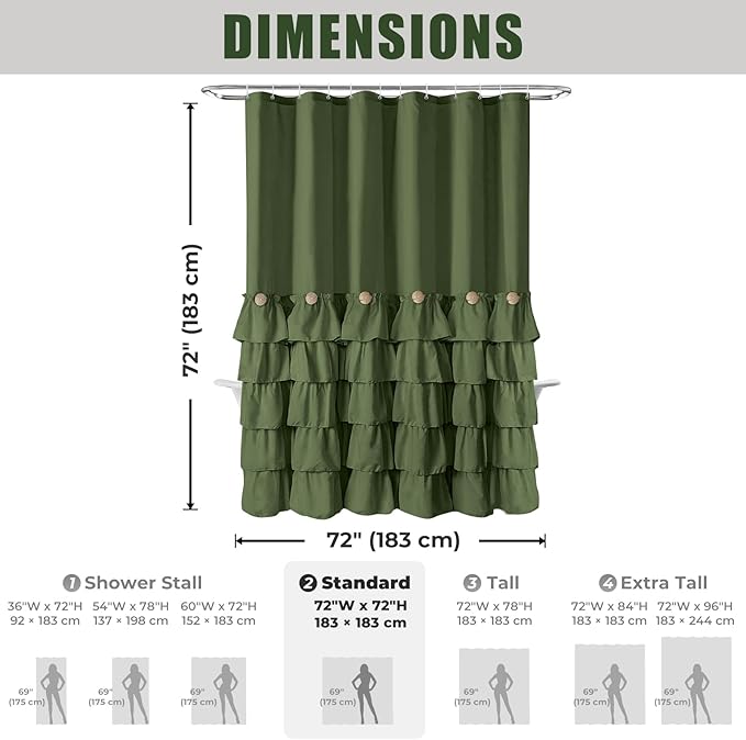 Seasonwood Sage Green Shower Curtain for Bathroom Cute Ruffle Shower Curtain 72 X 72 Inches Farmhouse Shower Curtains with Buttons & Green Ruffles