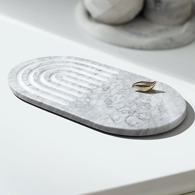 16.5"x9.8" Dual-Sided White Marble Cutting Board for Kitchen - Oval Stone Chopping Board with Anti-Slip Silicone Feet
