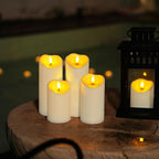 Homemory Outdoor Waterproof Flameless Candles, LED Candles, Battery Operated Candles with Remote and Timers, Electric Fake Plastic Pillar Candles, Ivory White, D3 H4 5" 6" 8" 8", Set of 5