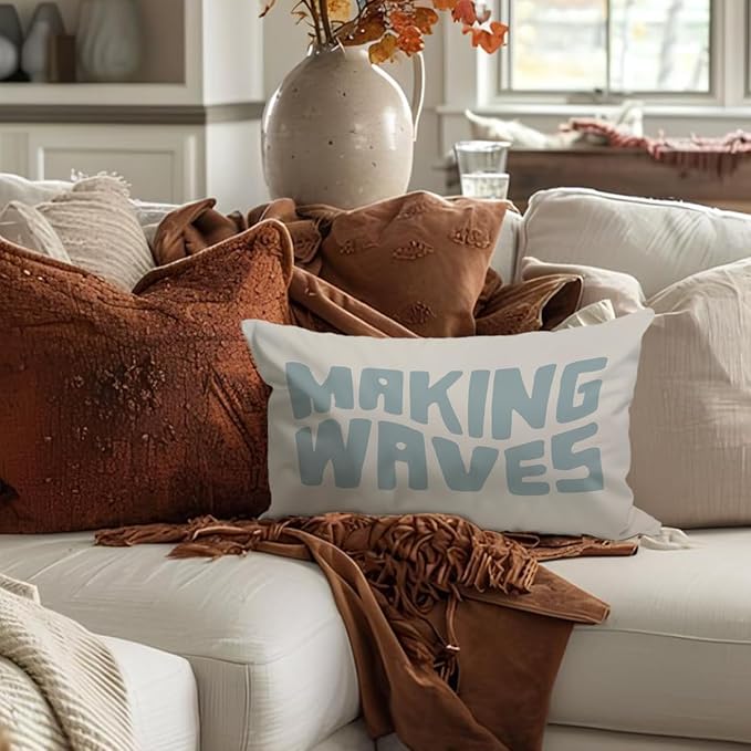 Blue Coastal Throw Pillow Cover 12x20, Blue Dorm Decor, Making Waves Coquette Decor for Girls Room Bedroom Sofa Couch