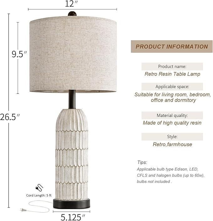 OYEARS 26.5" Table Lamps Set of 2 - Bedside Lamp with USB A+C Charging Ports,Rustic,Perfect for Nightstands and Bedrooms,Black