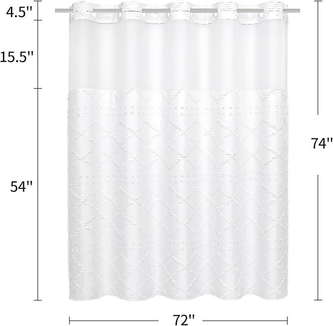 Boho White Woven Fabric Shower Curtain 72 x 74 Modern Farmhouse, No Hooks Tufted Chevron Striped Shabby Chic Textured, Minimalist Cloth Curtain for Bathroom, Hotel Decor
