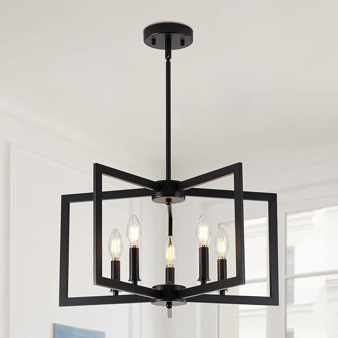 Black Chandelier, 5-Light Dining Room Light Fixture Geometric Metal Modern Industrial Chandelier Lighting for Farmhouse Living Room Entryway Kitchen (Black, E12 Bulbs Not Included)