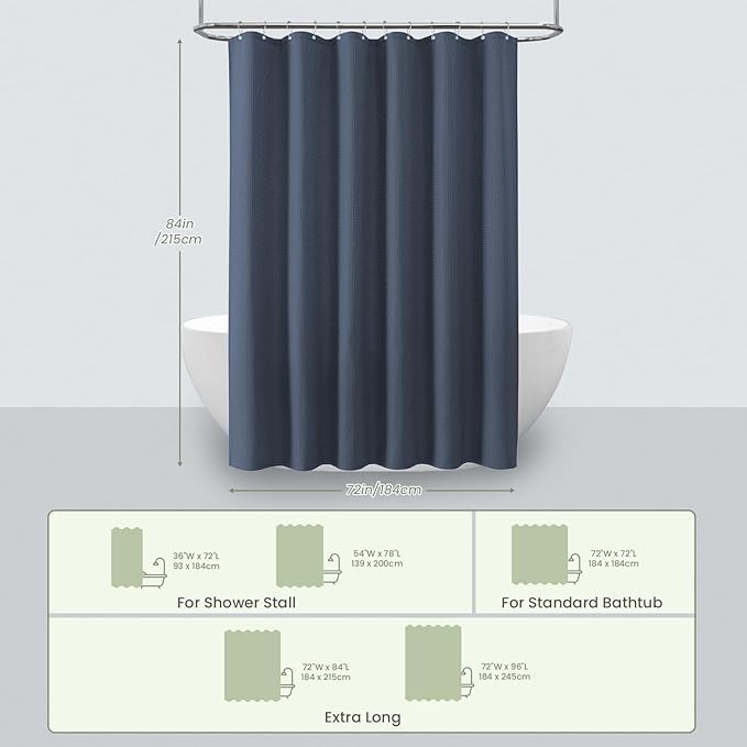 Inhousolu Fabric Shower Curtain Waffle Weave, Navy Blue 230 GSM Heavy Duty, Weighted Hem, 14 Metal Hooks, Water Repellent, Machine Washable, Hotel Spa Luxury Bath Curtain Set, 72 x 84 Inch