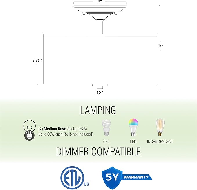 Kira Home Addison 13" 2-Light Semi-Flush Mount Ceiling Light Fixture with Off-White Fabric Drum Shade, Bronze Finish