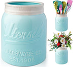 Comfify Wide Mouth Mason Jar Utensil Holder Decorative Kitchenware Organizer Crock, Dishwasher Safe - Kitchen Caddy Aqua Blue for Countertop, Large Size 7" Hight