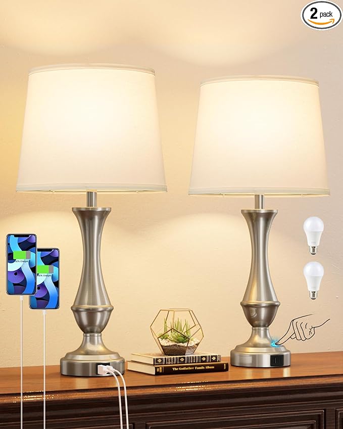 Upgraded Touch Lamps for Night Stands Set of 2 - Bedside Lamps with USB C+A, 3 Way Dimmable for Bedroom Living Room End Tables Office (White&Nickel)