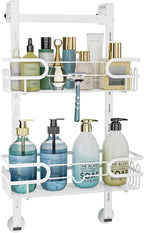 Consumest Over The Door Shower Caddy - 2 Tier Adjustable Hanging Shower Organizer Shelf with 12 Hooks, Rustproof Easy Installation Hanging Storage Rack for Bathroom, White