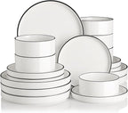 Sweejar Porcelain Dinnerware Sets for 6, 18 Pieces Ceramic Plates and Bowls Set, Classic Modern Simple Kitchen Dinner Dining Ware Set, Dishwasher and Microwave Safe Dishes Sets(Pure White-Black Rim)