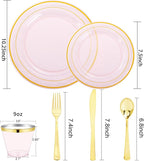 WELLIFE 210Pcs Clear-Pink Plastic Dinnerware- Pink and Gold Plastic Dinnerware include 30 Dinner Plates, 30 Dessert Plates, 90 Gold Silverware, 30 Cups and 30 Napkins Perfect for Parties