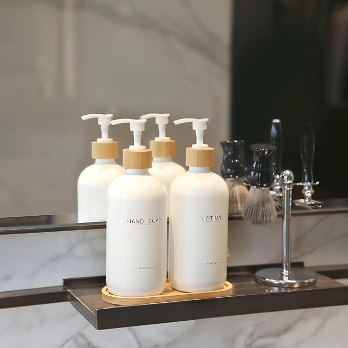 Bathroom Soap Dispenser Set, Bamboo Pumps & Tray, Lotion Dispenser, and Hand Soap Dispenser Bathroom Counter Decor. (White)