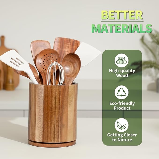 Wooden Utensil Holder, 360°Rotating 7.3'' Large Utensil Holder for Kitchen Counter, Kitchen Utensil Organizer, Utensil Crock, Farmhouse Kitchens Countertop Decor, Acacia Wood