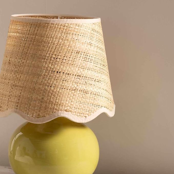 BoutiqueRugs Navarro Boho Ceramic Bedside Table Lamp for Bedroom Nightstand and Living Room - Shade Rattan - Green, Sage, Beige - 13" H