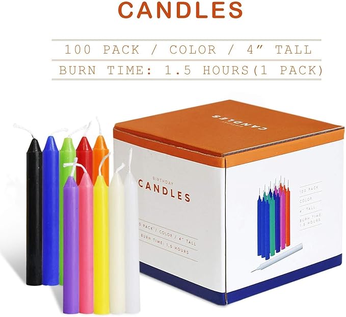 100pcs Multicolored Taper Candles 4 inch Dripless - Unscented and Smokeless -Paraffin Wax with Cotton Wicks-for Birthdays Weddings Holiday Emergency (100pack)