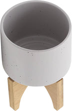 Sagebrook Home Ceramic Planter with Wooden Stand - Modern Stoneware Pot for Indoor & Outdoor Plants - Decorative Round Flower Pot for Home & Garden - 7" Ivory