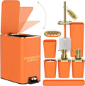 Bathroom Accessories 8 Piece Orange and Gold Bathroom Set, Bath Accessories with Stainless Steel Trash Can,Toilet Brush,Toothbrush Set,Soap Dispenser