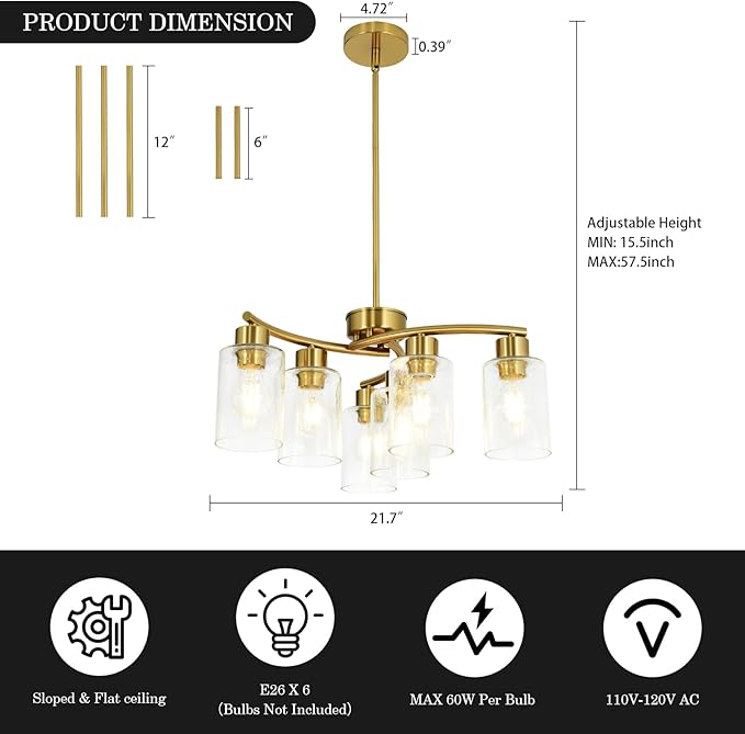 Modern Chandeliers for Dining Room 6-Light Gold Chandelier Seeded Glass Pendant Lights Kitchen Island for Living Room Foyer Bedroom E26 Base