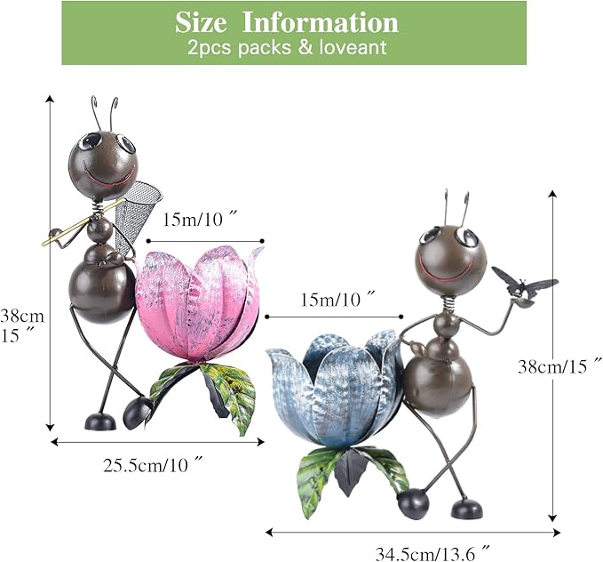 Sungmor 15" Tall Ants Planter, 2PC Pink & Blue Pack, Lovely Ant Statue Metal Flowerpots, Vintage Color Painted Lifelike Decorative Garden Pots, Adorable Animal Plant Pots, Planters for Outdoor Plants