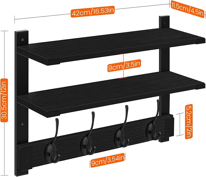 Homode Coat Rack Wall Mount, 2 Tier Wall Shelf with Hooks, 17" Wooden Coat Hanger with Shelf Entryway Key Holder, Floating Shelves for Hanging Hats Keys Towels Jackets Purse Backpack, Black