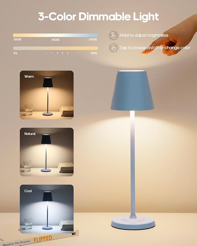 LED Cordless Table Lamp Rechargeable, 3-Height Adjustable, 5500mAh Battery Operated Lamp, 3-Color Dimming Touch Lamp, Portable Lamp for Dining, Bedroom,Camping, Outdoor, Indoor(Blue 2 Pcs)