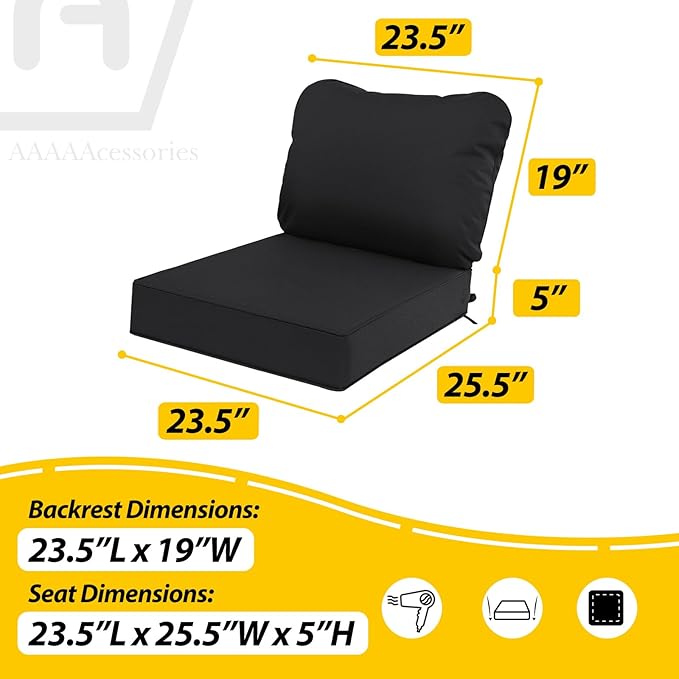 AAAAAcessories Outdoor Deep Seat Cushions, Waterproof, Fade-Resistant Patio Furniture Replacement Cushions, 23.5" x 25.5" x 5" + 23.5" x 19", Black