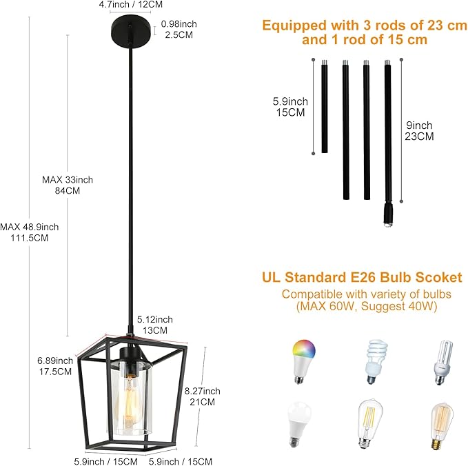 3 Pack Black Pendant Lights 1-Light Farmhouse Pendant Lights Kitchen Island Lantern Iron Cage Hanging Light Fixtures with Clear Glass Shade for Entryway, Hallway, Foyer, Porch, Dining Room