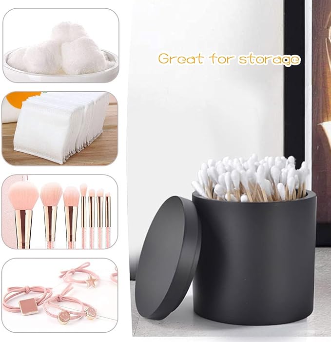 Cotton Swab Holder with Lid, Round Qtip Holder Bathroom Black, Resin Cotton Ball Canister Jar Cosmetics Makeup Countertop Organizer Containers Canister Apothecary Jar, Matte Black