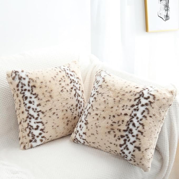 Throw Pillows Covers 20x20, Fluffy Animal Fur Pillow Cover Snow Leopard Cheetah Print Decorative Accent Cushion Covers Pillowcases for Couch Sofa Bedroom Living Room, Beige