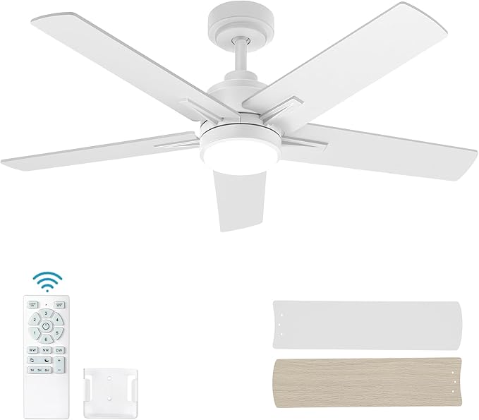 YUHAO 48 Inch White Ceiling Fan with Light and Remote Control.Noiseless,Dimmable, 3CCT,6 Speeds Reversible, Modern DC Ceiling Fans for Indoor Use