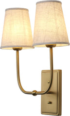 Vintage 2-Lights Wall Sconces with Funnel Linen Fabric Shades, Double Head Bathroom Vanity Lights Fixture, Indoor Wall Lamps for Bedroom Living Room Hallway Stairway