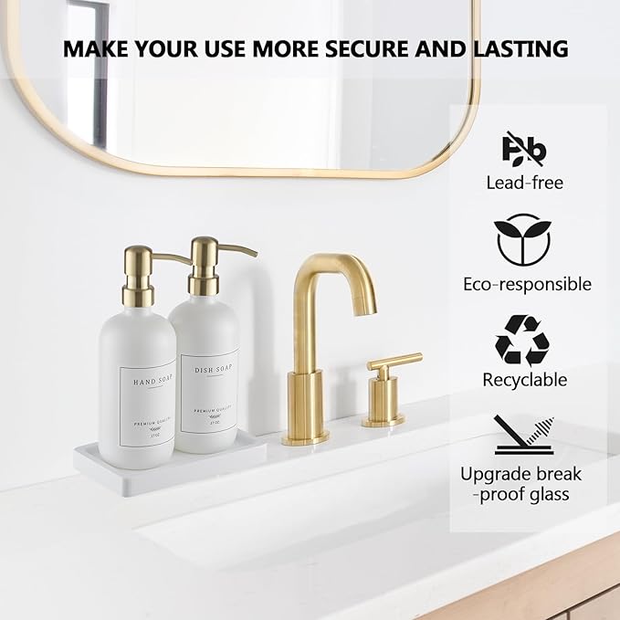 Thick Glass Soap Dispenser - Kitchen Dish Hand Soap Dispenser Set,Rustproof Pump Soap Lotion Dispenser Bathroom with Tray,14 Stickers for Kitchen Decor White Bottle/Gold Pump