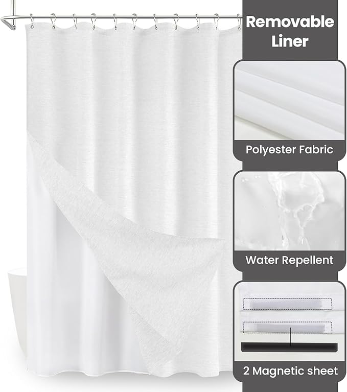 Inhousolu Boho Farmhouse Shower Curtain with Fabric Liner Set, Faux Linen Textured, 20 Metal Hooks Luxury Weighted Hem, Washable Wrinkle Free Bath Curtain for Hotel Bathroom 108" W x 72" L White
