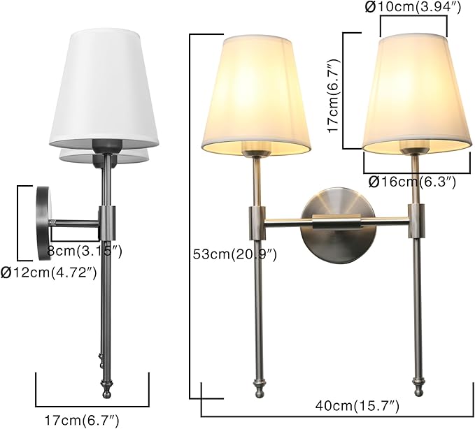 PERMO Industrial Double Sconce Large 2-Lights Wall Sconce with Flared White Textile Lampshade and Brushed Nickel Finished Long Arm for Bathroom Bedroom, Hardwired Wall Sconces