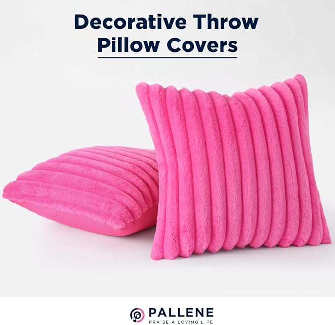 Pallene Faux Fur Plush Throw Pillow Covers 16x16 Set of 2, Luxury Soft Fluffy Striped Decorative Pillow Covers for Sofa, Couch, Living Room, Hot Pink
