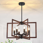 Farmhouse Chandelier Dining Room Light Fixtures,6-Light Kitchen Island Light Rustic Wood Grain Finish Geometric Chandelier for Entryway Stairway Foyer,UL-Listed