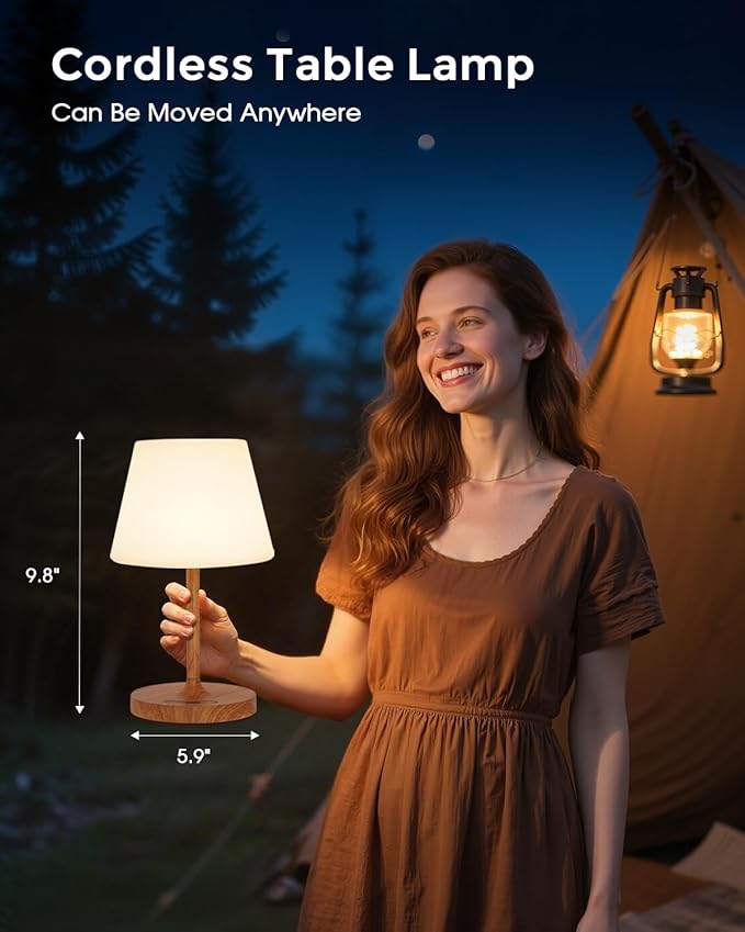Outdoor Battery Operated Table Lamp, IP54 Waterproof Shower Lamp, 4000mAh Rechargeable Cordless Lamp, 3 Color Temperatures Dimmable, Small Touch Table Lamp for Bedroom, Patio, Camping, Restaurant