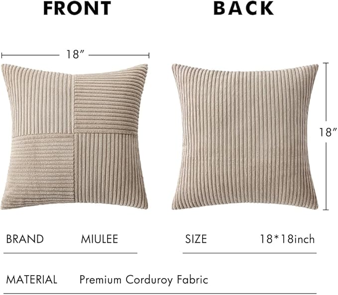 MIULEE Light Brown Corduroy Pillow Covers Pack of 2 Boho Decorative Spliced Throw Pillow Covers Soft Solid Couch Pillowcases Cross Patchwork Textured Cushion Covers for Living Room Bed Sofa 18x18 inch