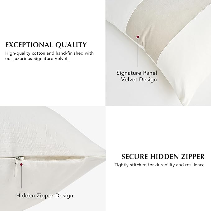 EVERGRACE x Kinsey Walsh Signature Velvet Panel Cotton Pillow Covers Set of 2, Decorative Pillow Covers 20"x20" for Couch, Square Cushion Cases for Sofa Bedroom Living Room, Off White Pearl