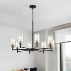 9MMML 8 Lights Black and Gold Chandelier, Modern Glass Ceiling Chandelier Light Fixture, Large Ceiling Hanging Light for Dining Room, Living Room, Bedroom, Kitchen, Over Table, Foyer, E26 Base