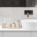Resin Beige Bathroom Accessories Set 5 Pcs, Lotion Soap Dispenser, Toothbrush Holder, Bathroom Tumbler, Qtip Holder and Vanity Tray, Bathroom Countertop Organizer Set for Modern Home Apartment
